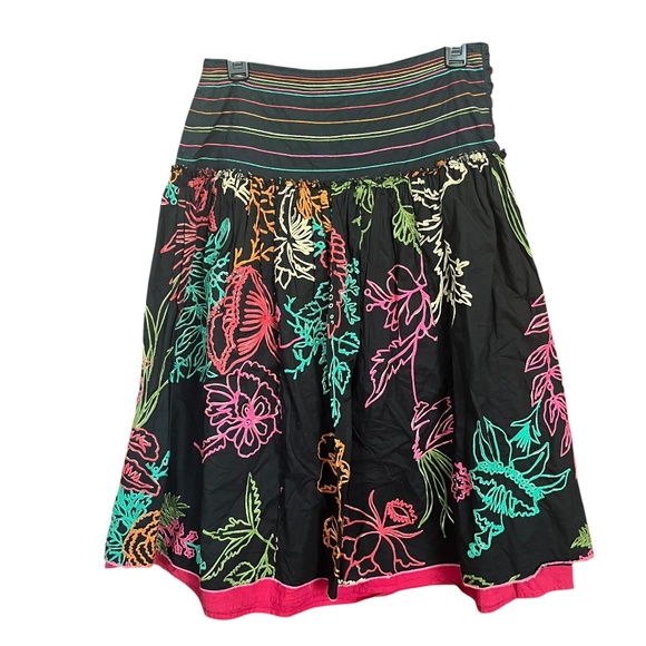 Per Una Black Cotton Colorful Embroidered Drop Waist Lined Full Skirt Size 8R - Picture 1 of 8